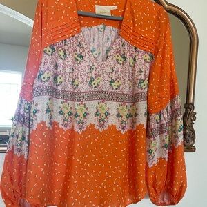 Mauve Orange Long Sleeve Blouse with Notched Collar and Graphic Pleats